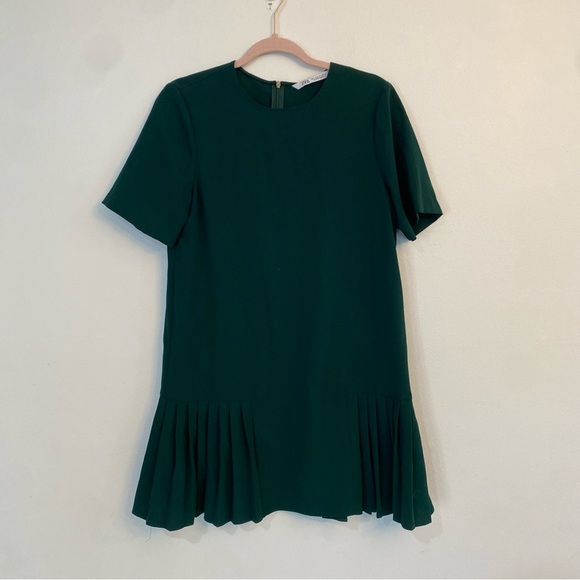 ZARA- Hunter Green Short Sleeve Crew Neck Pleated Hem Shift Dress Medium - Picture 2 of 8